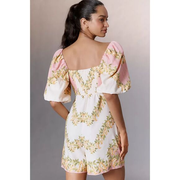 Farm Rio x Anthropologie V-Neck Puff-Sleeve Linen Romper Women's M Pink Tropical - Picture 2 of 10